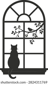 A beautifully composed minimalist vector graphic featuring the solid black silhouette of a cat seen from behind, sitting on a window sill with its tail hanging down. The scene is framed by an elegant arched window with a sunburst geometric design at the top, looking out toward a single