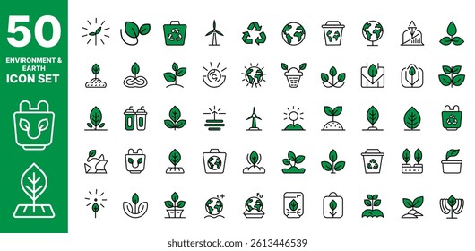 A beautifully crafted collection of 50 green-themed vector icons focused on environmental protection, renewable energy, and eco-conscious living.