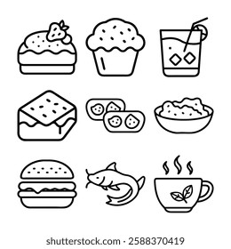 A beautifully crafted collection of hand-drawn culinary and dessert icons in elegant line art style. This black and white set features a variety of sweet treats, drinks, and gourmet dishes.