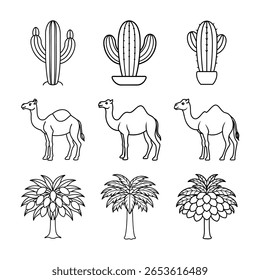 A beautifully crafted desert elements set featuring cactus, camel, date palm, and natural scenery. Perfect for creative projects, digital designs, and decorative artwork.