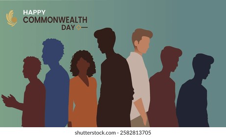 A beautifully crafted design for Commonwealth Day, showcasing silhouettes of diverse people in a range of poses, symbolizing unity, collaboration, and inclusivity across the Commonwealth.