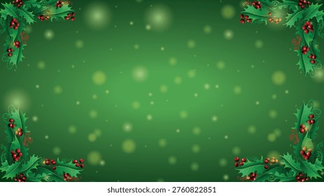 A beautifully crafted digital background designed to bring a refined seasonal touch to creative projects. The composition features a deep green backdrop enhanced with a soft bokeh effect, creating a sense of depth and gentle illumination. Subtle light particles are scattered across the surface, adding texture and a calm visual rhythm that enhances the overall atmosphere. The rich color palette evokes a natural and timeless aesthetic, making the design suitable for a wide range of festive applications.

Each corner of the layout is decorated with detailed holly leaves and clusters of red berries, carefully arranged to form a balanced and elegant border. The botanical elements introduce a traditional seasonal character while maintaining a clean and modern appearance. Their placement frames the central area without overwhelming it, allowing sufficient space for text, images, or other creative content. The contrast between the vibrant red accents and the deep green background creates a visually appealing harmony that draws attention while remaining sophisticated.

This background is ideal for greeting cards, invitations, digital presentations, social media posts, or printable designs. Its versatile structure makes it suitable for both personal and professional use, offering flexibility across different formats and styles. The clean central space ensures that messages remain clear and readable, while the decorative edges provide a polished and festive finish.

Designed with attention to detail and visual balance, this template delivers a seamless blend of elegance and simplicity. It works effectively in both digital and print environments, adapting easily to various design needs. The combination of soft lighting, natural elements, and a structured layout results in a cohesive composition that enhances seasonal projects while maintaining clarity, style, and creative freedom for users.