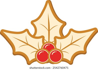 A beautifully crafted holly leaf mistletoe gingerbread cookie, showcasing details and festive colors for christmas decoration vector flat illustration