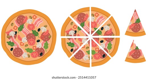 Uma ilustração muito bem trabalhada de uma deliciosa pizza de pepperoni com várias fatias