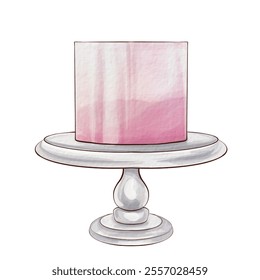 Um bolo pastel belamente trabalhado repousa em um pedestal decorativo, convidando uma sensação de calma e prazer em sua simplicidade e elegância