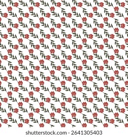 A beautifully crafted pattern of red flowers and green leaves, evenly spread on a white background, ideal for decorative or textile designs. 	