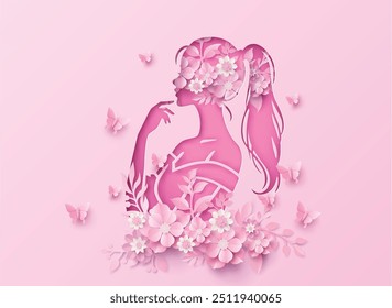 A beautifully crafted pink silhouette of a woman adorned with delicate floral designs, symbolizing femininity, grace, and strength for International Women's Day , Paper art style.