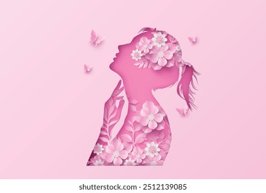 A beautifully crafted pink silhouette of a woman adorned with delicate floral designs, symbolizing femininity, grace, and strength for International Women's Day.paper art cut style.