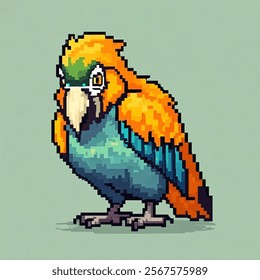 A beautifully crafted pixel art depiction of a vibrant parrot featuring bold orange, green, and blue hues. The minimalist background enhances the focus on the bird’s intricate pixelated details,