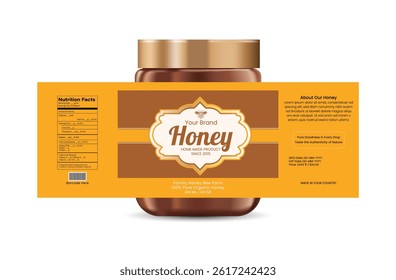 A beautifully crafted ready-made label design for honey jars. This template features rich honey-inspired colors such as golden yellow and warm brown, with clean vintage typography.