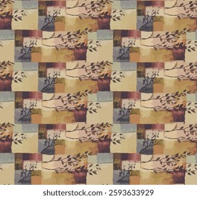 A beautifully crafted seamless pattern featuring an abstract watercolor background with earthy tones, combined with delicate hand-drawn branches and leaves.