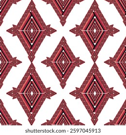 A beautifully crafted seamless pattern featuring traditional diamond-shaped ethnic motifs in rich red and black tones. The intricate geometric details give a sense of depth and heritage, making this d