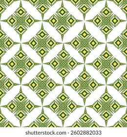 A beautifully crafted seamless pattern inspired by traditional ethnic textiles. Featuring intricate diamond motifs in vibrant green and yellow, this design reflects cultural heritage with a modern 