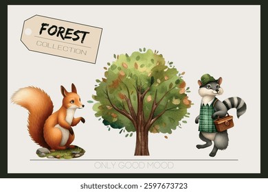 A beautifully crafted set of forest animals, trees, and leaves for elegant branding and digital design