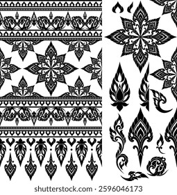 A beautifully crafted Thai ornamental vector set with floral patterns and decorative borders. Suitable for stationery, apparel prints, home decor accents, and digital graphic design projects.