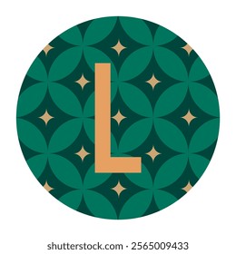 A beautifully crafted vector image of a gold L centered on a circular green background with an interlocking starburst pattern. Excellent for logos, prints, and decorative art.