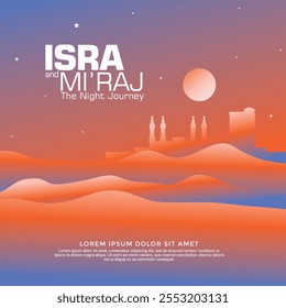 A beautifully crafted vector image illustrating the Prophet's journey from the Masjid al-Haram in Mecca to Masjid al-Aqsa in Jerusalem during the Isra' Mi'raj.