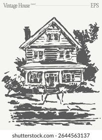 Uma ilustração de casa vintage lindamente trabalhada que proeminentemente apresenta um cavalo dentro dele