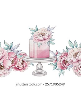 A beautifully crafted watercolor cake sits on a pedestal, surrounded by lush pink peonies, exuding charm and grace in soft tones seamless pattern, ornament