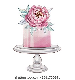 A beautifully crafted watercolor representation features a pink cake adorned with a stunning peony blossom resting on a classic cake stand