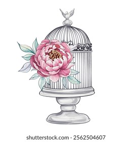 A beautifully crafted watercolor showcases a vintage birdcage, embellished with a vibrant peony and a graceful bird on top, evoking tranquility