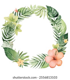 Beautifully crafted wreath composed of vibrant tropical leaves and stunning flowers set on white background, a striking visual appeal that captures the essence of natures beauty vector background