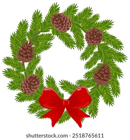 A beautifully crafted wreath showcases red ribbon and pine cones. surrounded by Christmas tree branches. perfect for celebrating the winter holiday season. Vector illustration