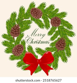 A beautifully crafted wreath showcases red ribbon and pine cones. surrounded by Christmas tree branches. perfect for celebrating the winter holiday season. Vector art illustration