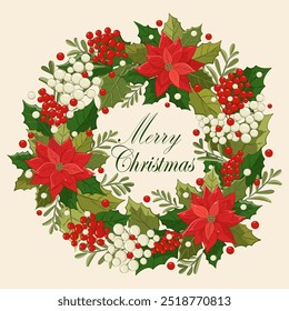 A beautifully crafted wreath showcases red poinsettias surrounded by green foliage and white berries, perfect for celebrating the winter holiday season. Vector illustration