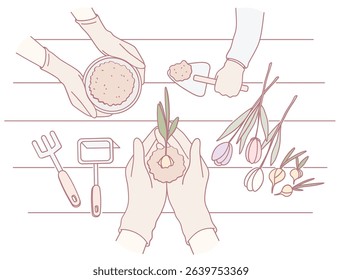 A beautifully creative gardening scene that showcases hands at work, various tools, and vibrant, lively flowers