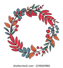 Beautifully decorated autumn rustic wreath. Botanical round rim made of leaves and berries vector illustration. Natural cute circular blank frame for invitation or postcard. Cozy fall leaves template