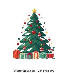 beautifully decorated Christmas tree with gift box vector, Christmas pine tree gift box vector