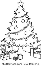 A beautifully decorated Christmas tree with ornaments, garland, and presents beneath, perfect for a holiday coloring activity