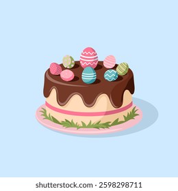 A beautifully decorated Easter cake featuring pastel-colored frosting, festive sprinkles, and charming seasonal decorations.