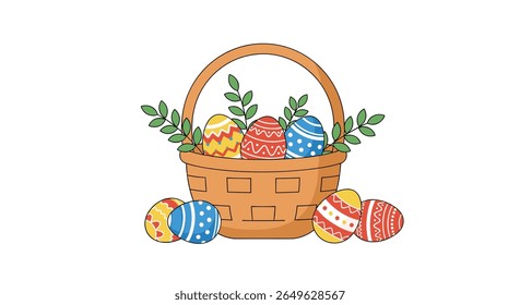 Belamente decorados ovos de páscoa dispostos em uma cesta tecida tradicional com folhagem verde e ovos espalhados ao redor da base