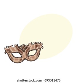 Beautifully decorated golden Venetian carnival mask with glitter and ornaments, sketch style vector illustration with space for text. Realistic hand drawing of purple carnival, Venetian mask