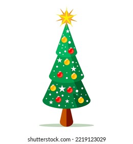 A beautifully decorated green Christmas tree with stars on top.