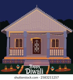 "Beautifully decorated house for Diwali celebration, adorned with glowing lights, Diya', and festive decorations. Traditional Indian home illuminated for the Hindu Festival of Lights, creating a warm 