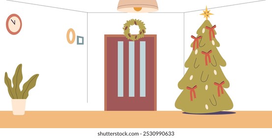 Beautifully Decorated Living Room Features Christmas Tree With Red Ribbons And Star. Wreath Hangs On The Door