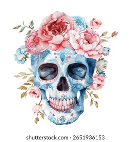 Beautifully decorated sugar skull or Calavera vector illustration, adorned with a vibrant crown of watercolor flowers in shades of pink, blue, and blush.