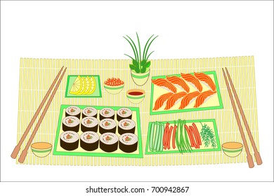 Beautifully decorated table with sushi and rolls. Traditions of Japanese cuisine. A delicate background creates a cherry branch. Vector illustration.