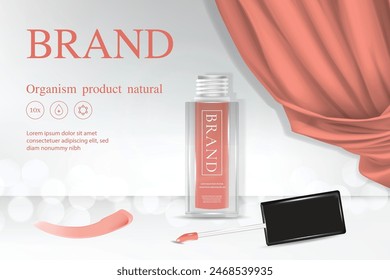 A beautifully designed advertisement showcasing a natural cosmetic product. The scene features a lip gloss bottle and a smear of gloss on a sleek background with a stylish curtain on the right.