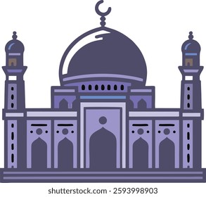 A beautifully designed art illustration of an Islamic mosque, featuring a grand central dome adorned with a crescent moon, two tall symmetrical minarets, and intricate arched doorways. 