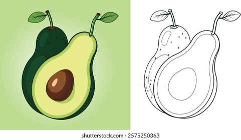 A beautifully designed avocado illustration vector coloring page for kids featuring a vibrant colored version and a black-and-white outline.