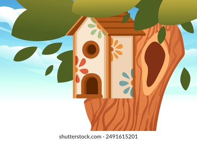 Beautifully designed birdhouse with floral pattern on a tree trunk. Vector illustration