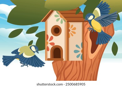 Beautifully designed birdhouse with floral pattern on a tree trunk. Tit birds flying around. Vector illustration.