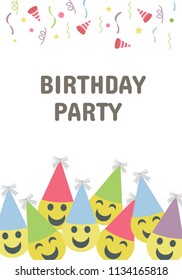 A beautifully designed birthday card with emoticons and birthday caps all over on card, birthday party celebration 
