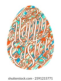 A beautifully designed bright Easter greeting card with handwritten text forming an egg shape, celebrating the joy of the season