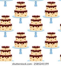 Beautifully designed cake pattern featuring tiered cakes on stands with hearts and frosting