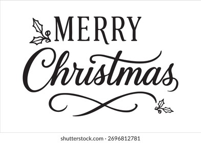 Texto de caligrafía bellamente diseñado que lee feliz Navidad en blanco y negro.